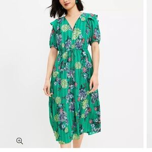 Loft by Ann Taylor Floral Ruffle V-Neck Midi Dress in Lush Meadow Flowy Size M